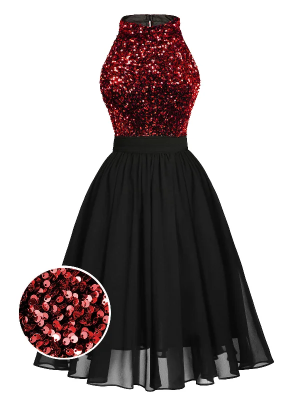 Wrap - Style Women Dress with Adjustable Fit for All Body Types Wrap - Style Women Dress with Adjustable Fit for All Body Types [Pre-Sale] Red 1950s Gold Glitter Patchwork Dress