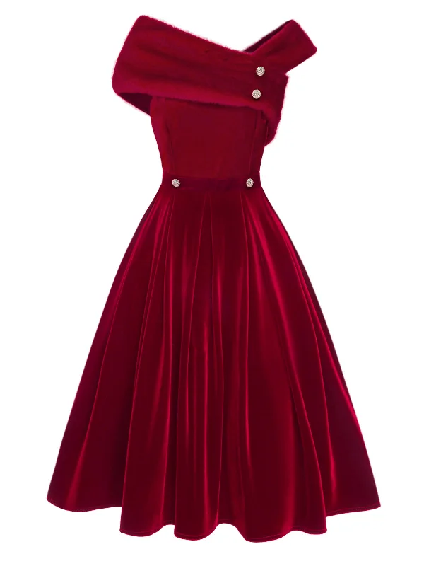 Sleeveless Women Dress in Bright Colors for Summer Parties Sleeveless Women Dress in Bright Colors for Summer Parties [Pre-Sale] Red 1950s Off Shoulder Fur Button Velvet Dress