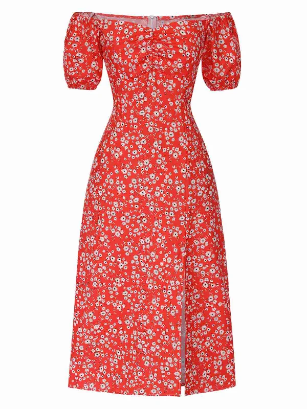 Wrap - Style Women Dress with Adjustable Fit for All Body Types Wrap - Style Women Dress with Adjustable Fit for All Body Types Red 1960s Floral Off-Shoulder Side Slit Dress