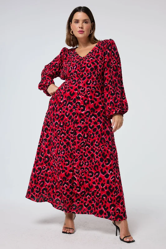 Empire Waist Women Dress to Accentuate the Bust and Conceal the Waist Empire Waist Women Dress to Accentuate the Bust and Conceal the Waist Red with Pink and Black Pop Leopard Blouson Sleeve Midi Tea Dress