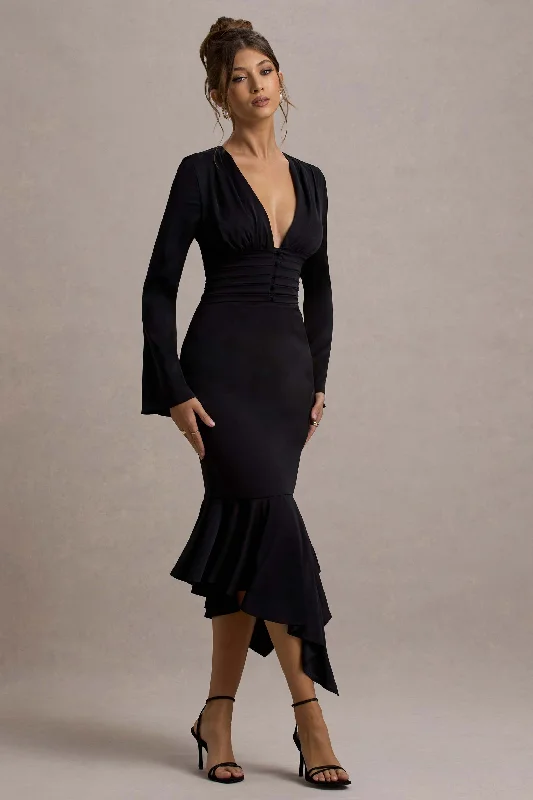 Empire Waist Women Dress to Accentuate the Bust and Conceal the Waist Empire Waist Women Dress to Accentuate the Bust and Conceal the Waist Rehna | Black Plunge-Neck Bell-Sleeve Midi Dress Empire Waist Women Dress to Accentuate the Bust and Conceal the Waist Empire Waist Women Dress to Accentuate the Bust and Conceal the Waist Rehna | Black Plunge-Neck Bell-Sleeve Midi Dress