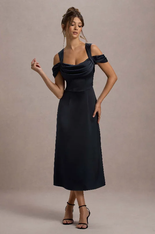 Pleated Women Dress with a Timeless and Elegant Texture Pleated Women Dress with a Timeless and Elegant Texture Sawyer | Navy Satin Draped Midi Dress