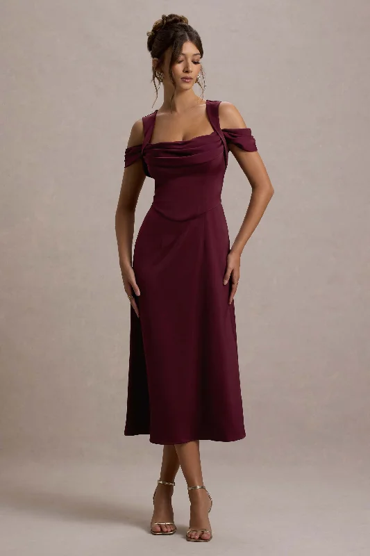 Sleeveless Women Dress in Bright Colors for Summer Parties Sleeveless Women Dress in Bright Colors for Summer Parties Sawyer | Wine Satin Draped Midi Dress
