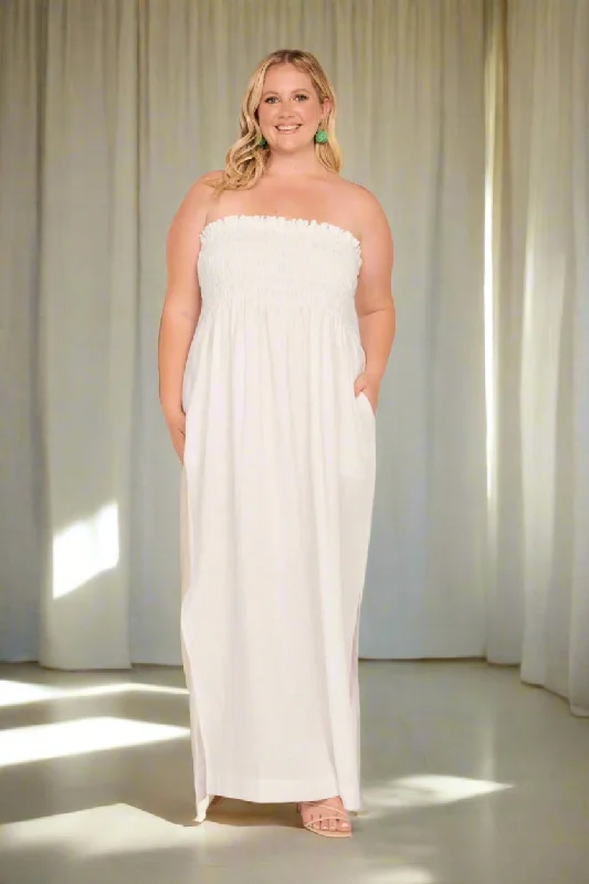 Off - the - Shoulder Women Dress for a Romantic and Feminine Look Off - the - Shoulder Women Dress for a Romantic and Feminine Look Sherry Linen Strapless Maxi Dress in White Off - the - Shoulder Women Dress for a Romantic and Feminine Look Off - the - Shoulder Women Dress for a Romantic and Feminine Look Sherry Linen Strapless Maxi Dress in White