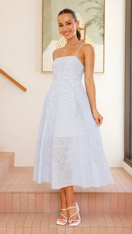 Sleeveless Women Dress in Bright Colors for Summer Parties Sleeveless Women Dress in Bright Colors for Summer Parties Talena Midi Dress - Blue / White Stripe Sleeveless Women Dress in Bright Colors for Summer Parties Sleeveless Women Dress in Bright Colors for Summer Parties Talena Midi Dress - Blue / White Stripe