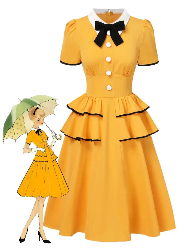 Shift Women Dress with a Simple and Classic Design for Everyday Wear Shift Women Dress with a Simple and Classic Design for Everyday Wear [Pre-Sale] Yellow 1950s Lapel Bow Tie Layered Ruffle Dress